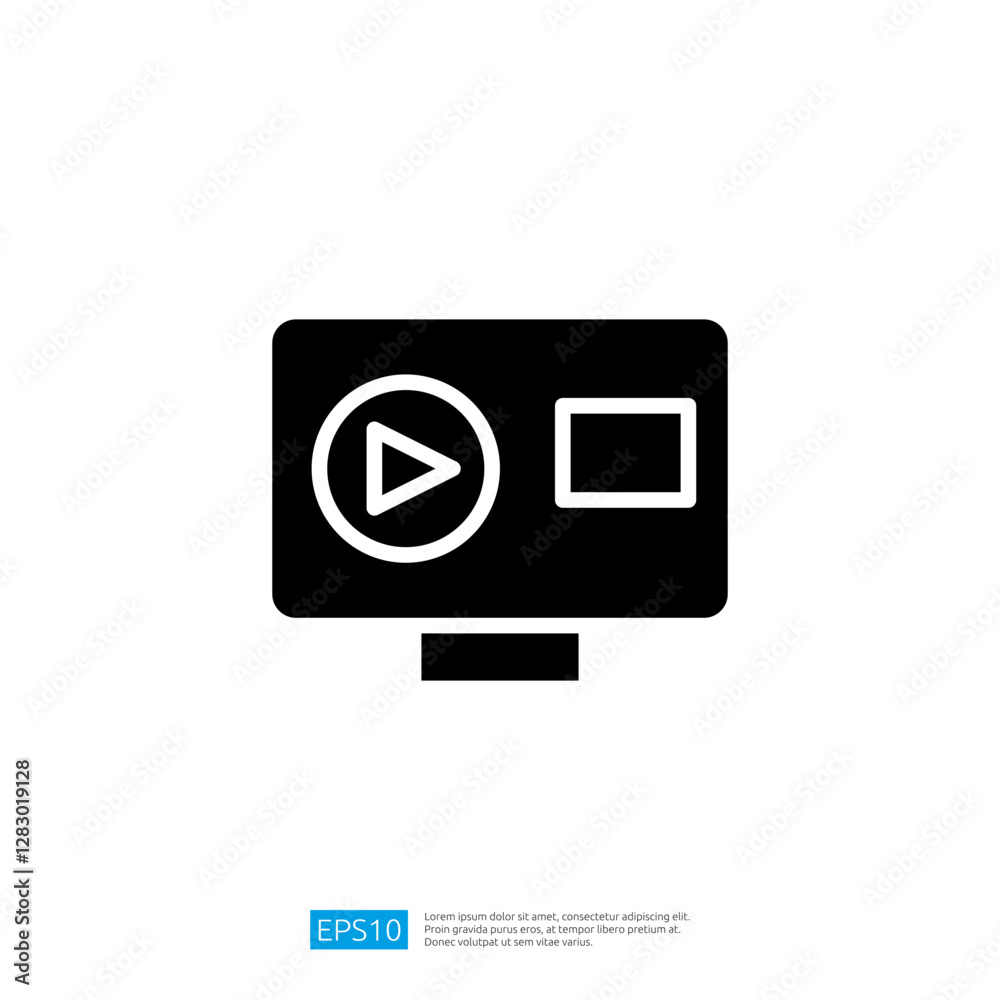 Poster digital media icon featuring play button on screen and graphic display for video interaction in a mo