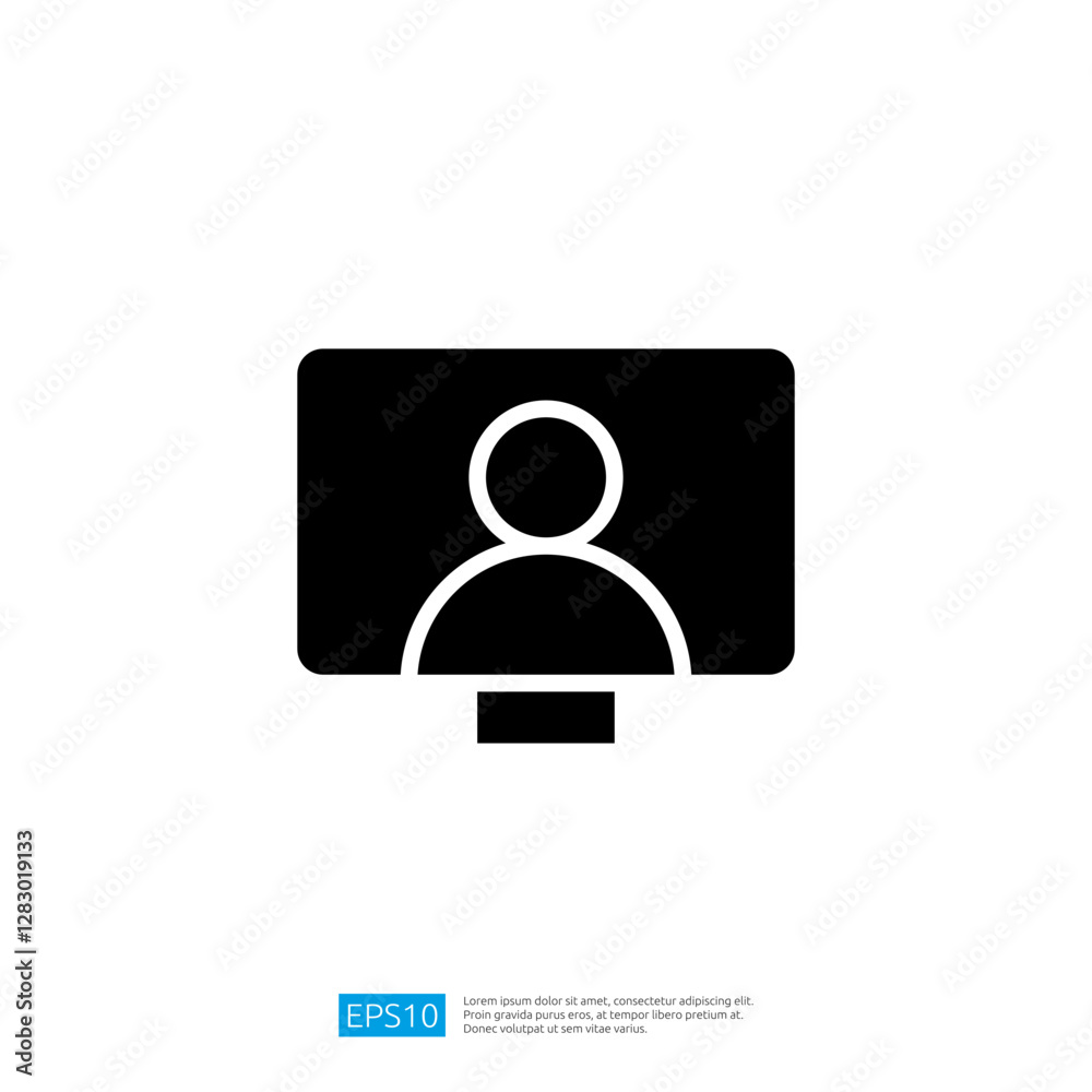 Poster simple icon of a computer monitor displaying a user silhouette for virtual communication and remote 