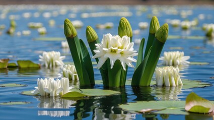 White water lilies blooming on calm water surface with green lily pads under bright sunlight. Natural aquatic plant habitat scene.