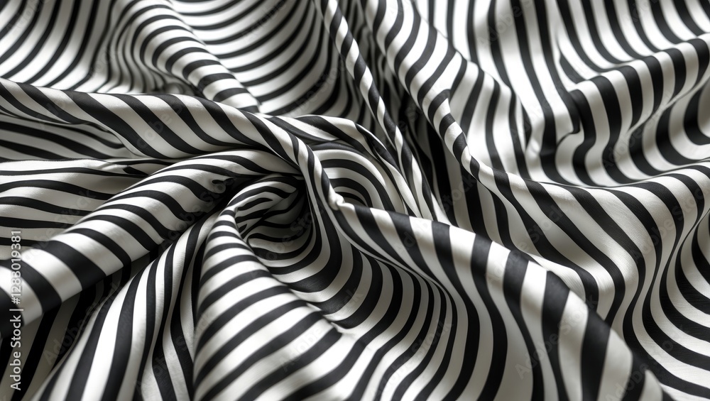 Poster black and white striped fabric texture with smooth folds and creases creating a dynamic visual patte