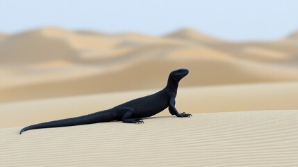 Fototapeta premium Black desert lizard basking in the sun on sand dunes.