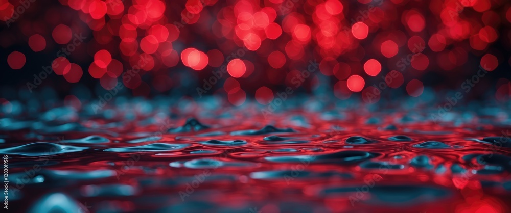 Poster abstract water surface with red and blue bokeh lights reflecting on it creating a vivid and colorful
