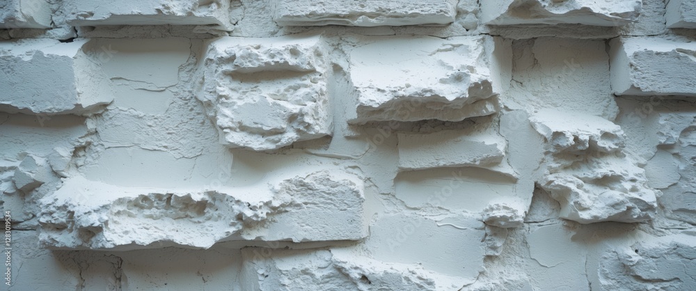 Poster white textured wall with rough plastered stone blocks in various shapes and sizes creating a rustic 