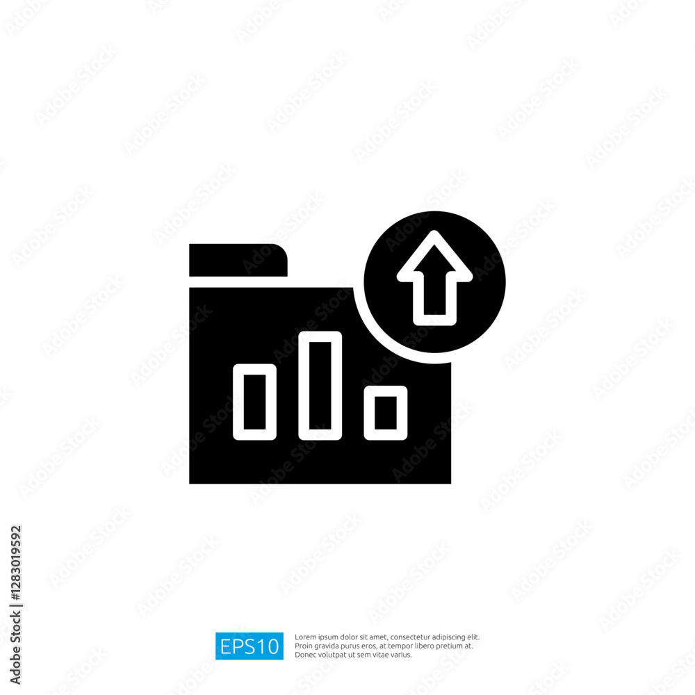 Poster icon representing data growth and analytics with a rising chart in a folder illustrating financial p