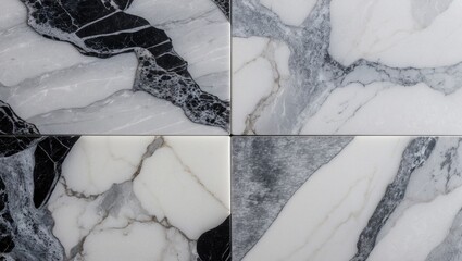 Textured marble tiles in black and white displaying natural stone patterns and variations in color and design arranged in a grid pattern