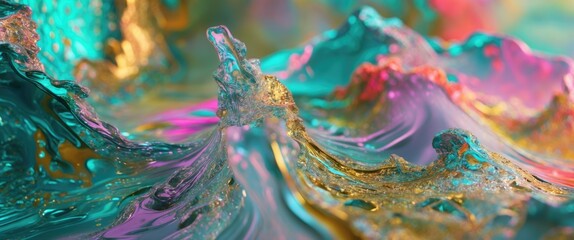 Colorful abstract liquid shapes resembling waves with vibrant texture and sheen in shades of turquoise, pink, and gold.