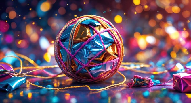 Vibrant decorative ball made of colorful parcel string with shimmering background for creative gift wrapping and celebration themes