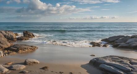 Tranquil Beach Scene with Rocky Shoreline and Calm Ocean Waves Under Blue Sky Ideal for Text Overlay and Coastal Themes