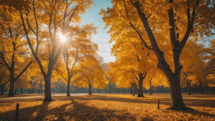 Golden autumn trees casting shadows in a sunlit park, showcasing vibrant fall colors in a nostalgic vintage atmosphere.