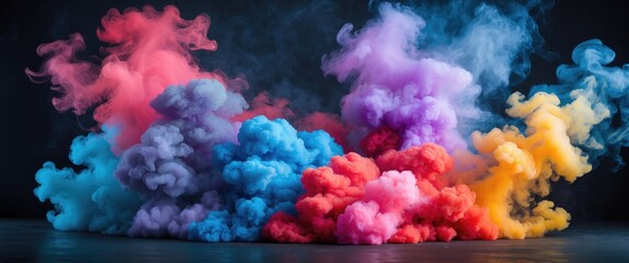 Obraz premium Colorful smoke clouds in vibrant shades of pink, blue, purple, orange and yellow against a dark background