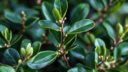 Green glossy leaves with buds on branches of a shrub plant in a natural setting close up photograph