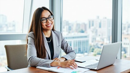 Confident Businesswoman Working on Laptop in a Bright Modern Office with City View