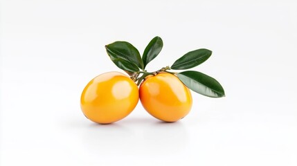 Two Yellow Fruits with Green Leaves on a White Background. Generative AI