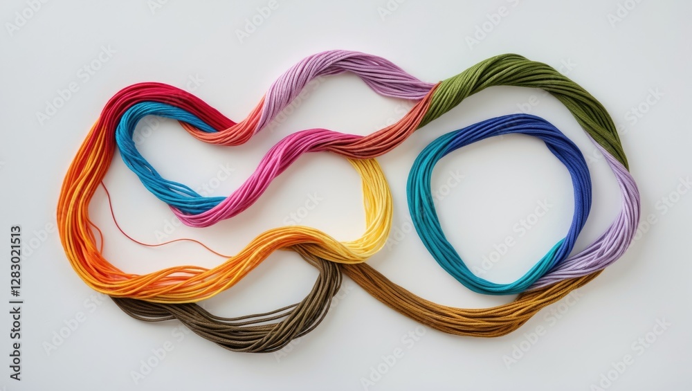 Poster colorful threads arranged in a flowing abstract pattern on a light background