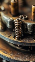 Detailed close-up of metallic gears in a mechanical device, showcasing industrial machinery complexity and engineering precision.