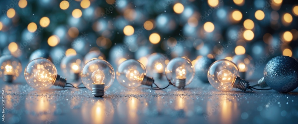 Poster decorative string lights with reflections on surface and blurred background of glowing orbs creating