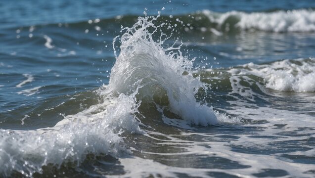 Close-up view of ocean waves crashing on the shore with splashes of water in a clear blue sea environment