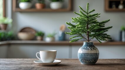 Fototapeta premium Green plant in decorative vase with coffee cup on wooden table in modern kitchen interior with shelves and plants in background