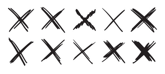 Doodle scribble crosses to cross out or mark text set. X sign sketch style. denial signs isolated on white background.
