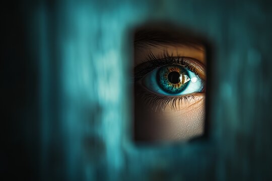 A captivating blue eye peers curiously through a narrow keyhole, evoking a sense of mystery and intrigue.