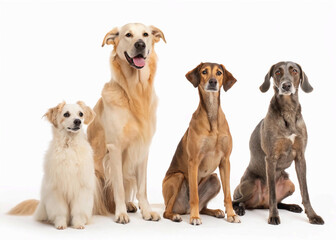 group of golden retriever puppies, Multiple dogs of different breeds sitting in a row on a white background