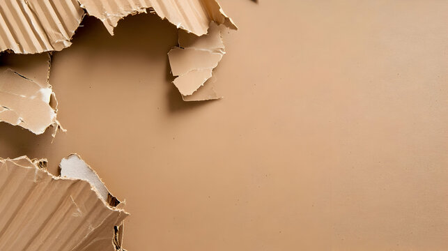 Torn cardboard pieces scattered on a beige background, leaving ample space for text or design. Ideal for packaging, recycling, or destruction concepts