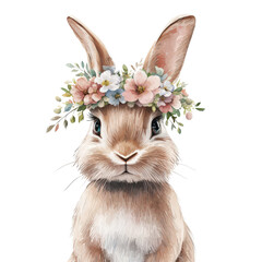 Fototapeta premium Adorable Rabbit with Floral Crown on Its Head in a Whimsical Style for Spring Celebrations