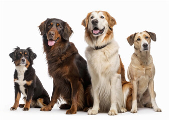 group of dogs sitting, Multiple dogs of different breeds sitting in a row on a white background