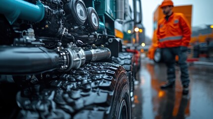 Fototapeta premium Powerful Engine Close-up: Industrial Truck Detail in Wet Conditions