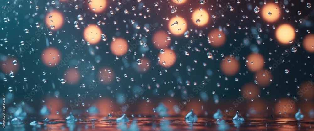 Poster abstract close-up of raindrops on glass with blurred colorful bokeh lights in the background creatin