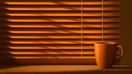 Orange mug by window with blinds casting shadows.