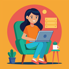 a girl is using his laptop vector	
