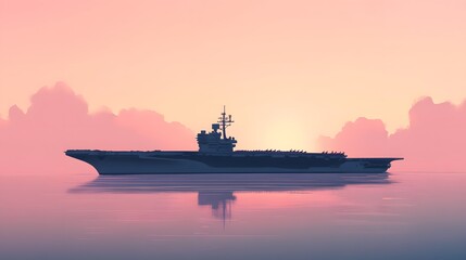 Obraz premium Sleek silhouette of ship, modern vessel gliding across serene water at sunset, ideal for themes of adventure and tranquility.