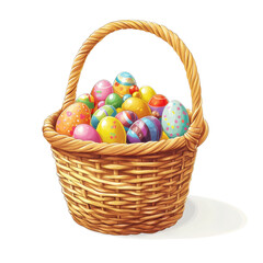 Fototapeta premium Colorful Easter Eggs in Woven Basket Surrounded by Spring-themed Decor and Natural Light