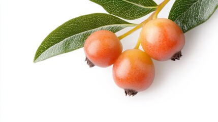 Group of fresh medlar fruits with green leaves on a white isolated background. Generative AI