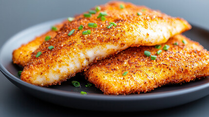 Crispy fried fish fillets with golden breadcrumbs and fresh herbs on plate
