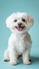 Obraz premium Adorable white Maltese dog with a joyful expression sits against a blue background, showcasing its fluffy coat and cute demeanor.