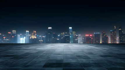 Panoramic Night City View with Illuminated Skyscrapers and Buildings under a Dark Sky