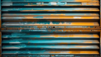 Rusty metal surface with vibrant blue and orange colors peeling and textured, featuring horizontal lines and industrial aesthetic.
