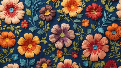 Colorful floral embroidery pattern on dark blue fabric with various flower designs and green foliage elements.