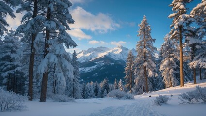 Obraz premium Snowy winter landscape with tall pine trees, mountains in background, clear sky and soft light, tranquil nature scene in cold season.