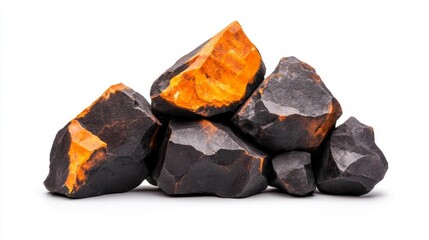 Pile of Glowing Rocks with Fiery Orange Highlights on Isolated White Background. Generative AI