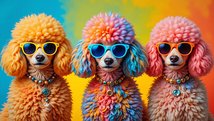 Three stylish poodle dogs sporting vibrant colored fur and trendy sunglasses against a bright, colorful backdrop.