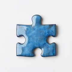 Obraz premium Blue Puzzle Piece Close-Up: A single textured piece isolated on white, representing connection, problem-solving, and the bigger picture.