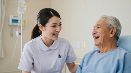 Obraz premium A nurse laughing with an elderly patient in a cheerful hospital room.