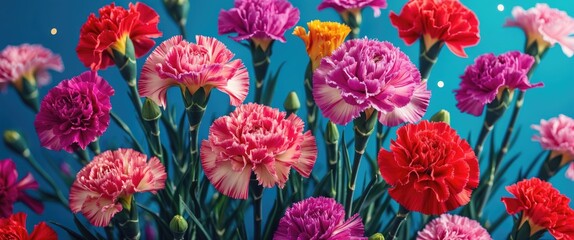 Colorful arrangement of various carnation flowers in full bloom with green stems against a blue background.