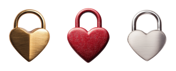 Heart-shaped locks in gold, red, and silver on Transparent Background