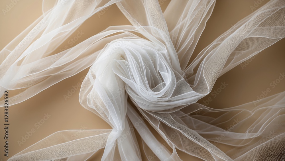 Poster white sheer fabric arranged in a swirling pattern on a beige background creating an elegant texture 