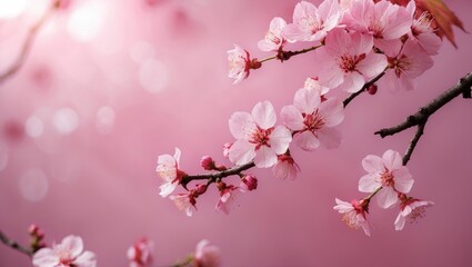 Cherry blossom branches with pink flowers on a pink blurred background with bokeh effect in spring season