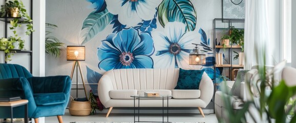 Stylish workplace with blue flowers painted on wall. Floral pattern in living room interior
